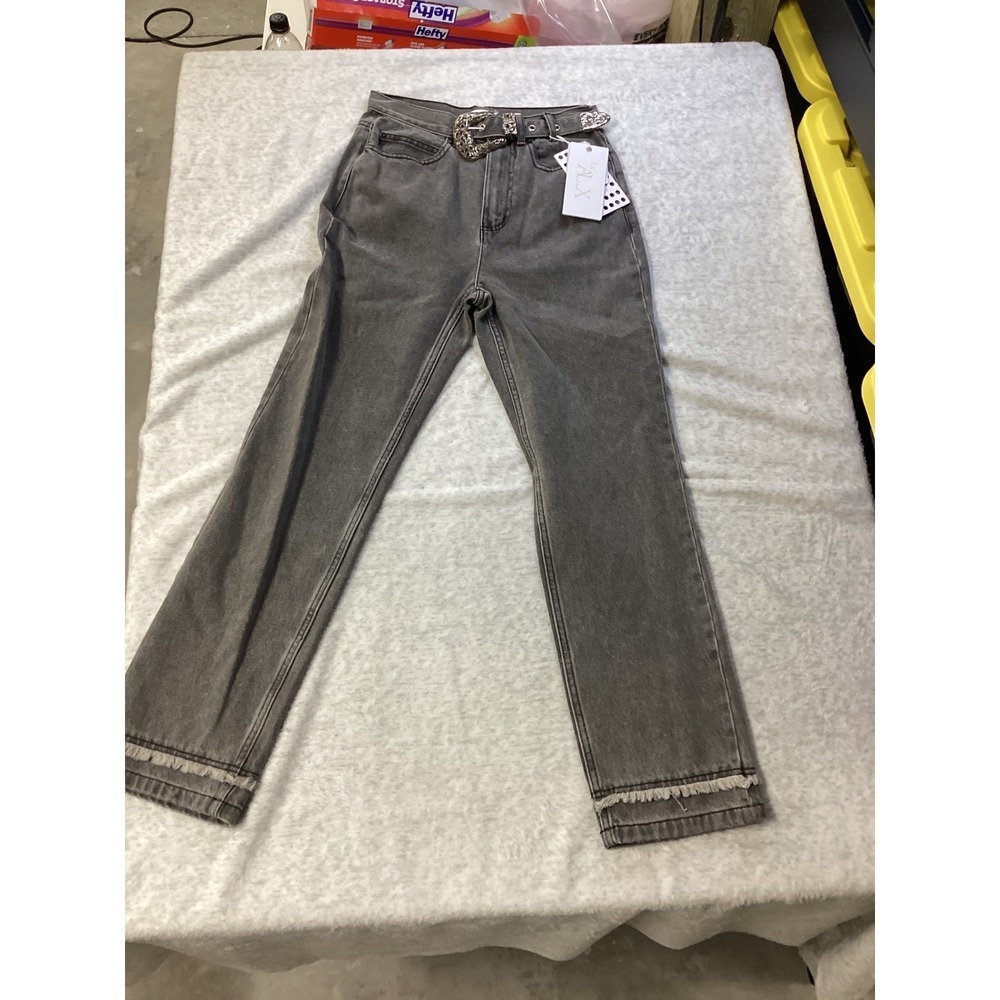 Le ALX Western Belt Jean Grey Fringed‎ Straight Leg High Rise Denim Size 26 NWT